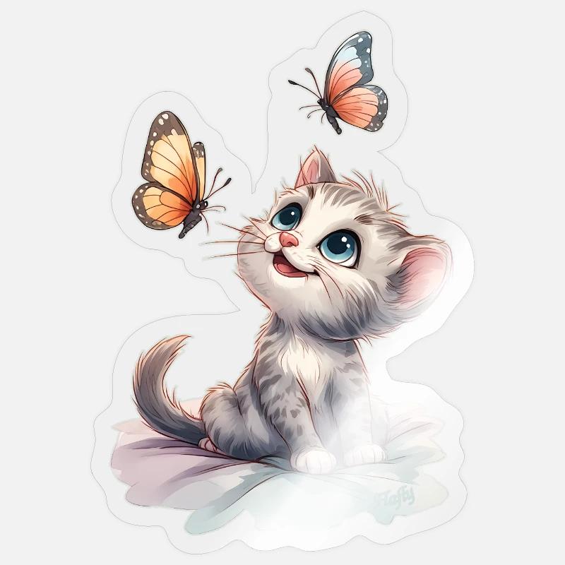 Chaton aux papillons – Aquarelle 🐱🦋 - Sticker taille S (10 x 10 cm) - brillant transparent