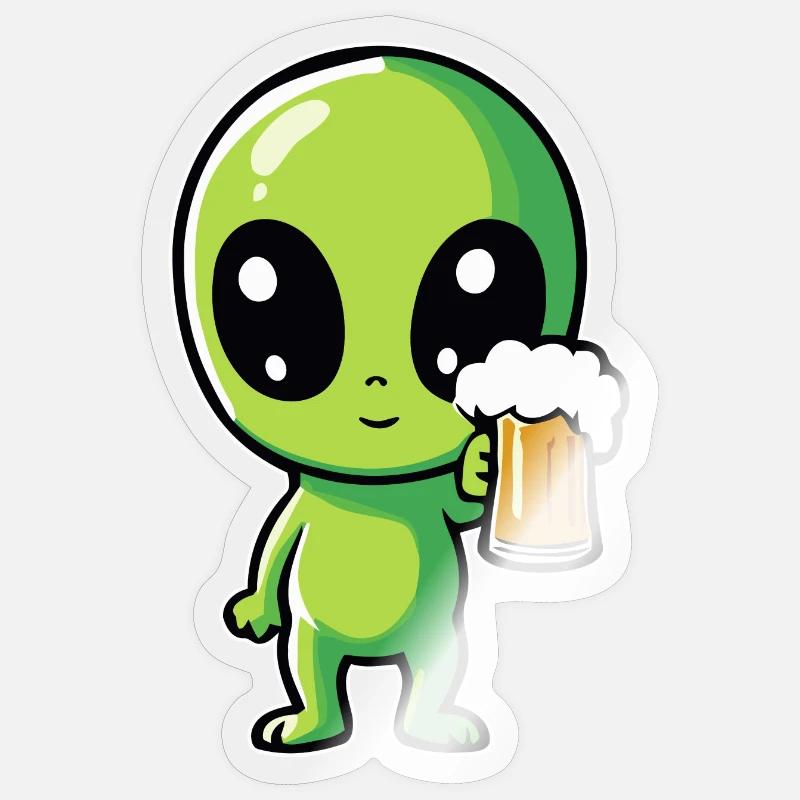 Alien with beer - Sticker size S (10 x 10 cm) - transparent glossy