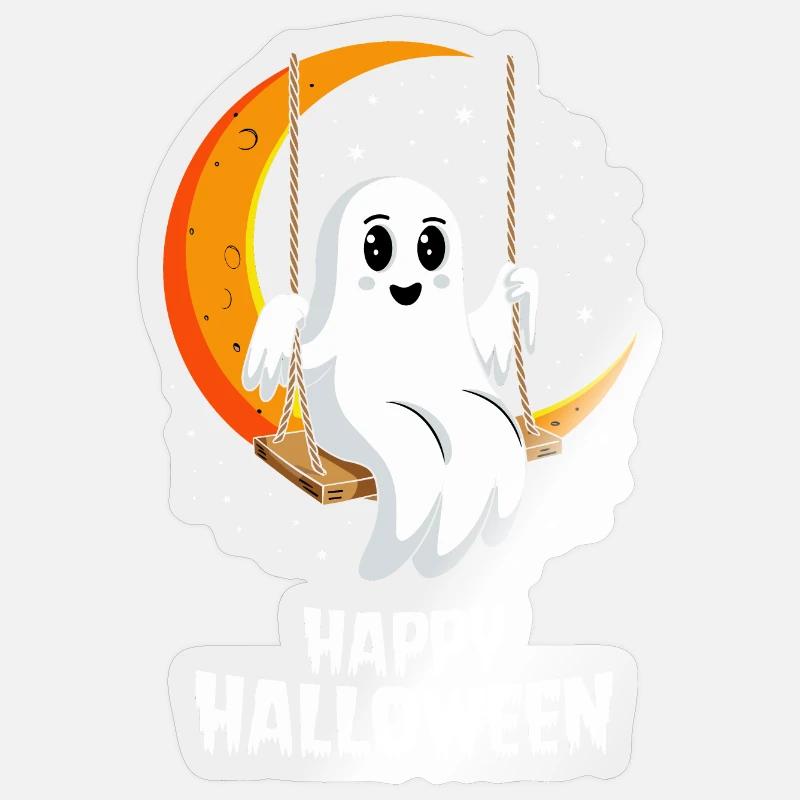Sødt spøgelse på månegynge fejrer Halloween - Sticker størrelse S (10 x 10 cm) - gennemsigtig blank