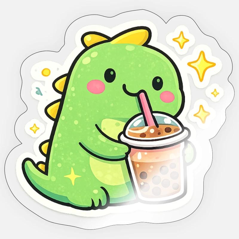 Süßer Dino mit Bubble Tea - Sticker Größe S (10 x 10 cm) - Transparent glänzend