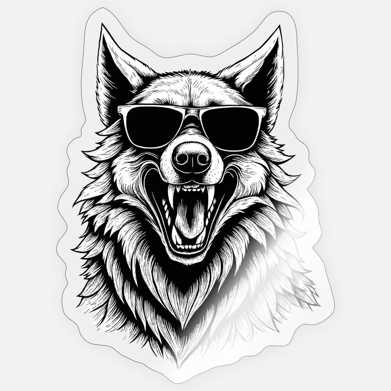 lachender Wolf mit Sonnenbrille - Sticker Größe S (10 x 10 cm) - Transparent glänzend
