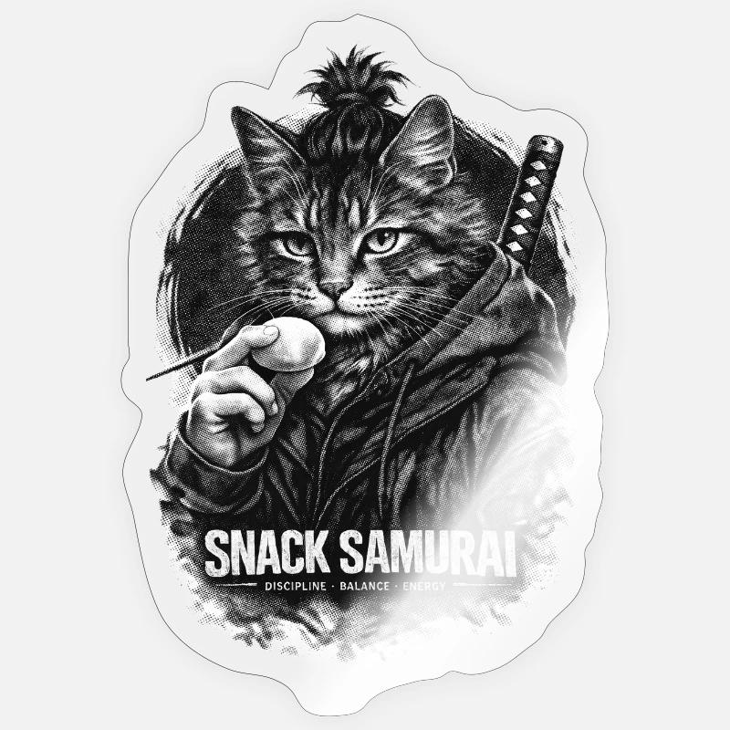 Snack Samurai Cat II - Sticker taille S (10 x 10 cm) - brillant transparent
