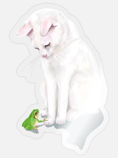 weiße Katze trifft Frosch - Sticker Größe S (10 x 10 cm) - Transparent glänzend