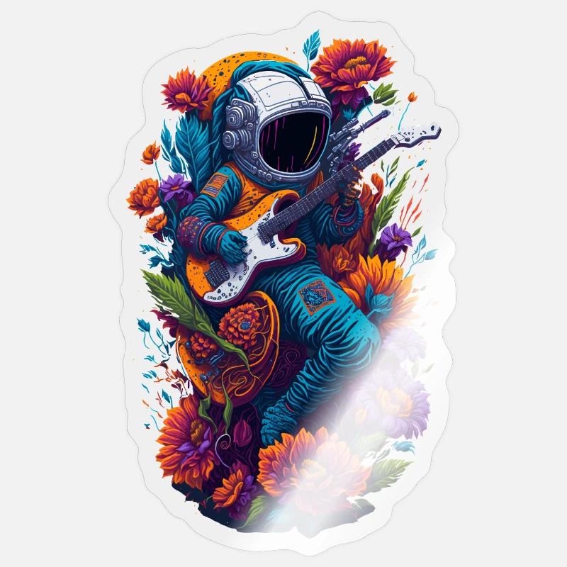 Astronaut mit E-Gitarre und Blumen Illustration - Sticker Größe S (10 x 10 cm) - Transparent glänzend