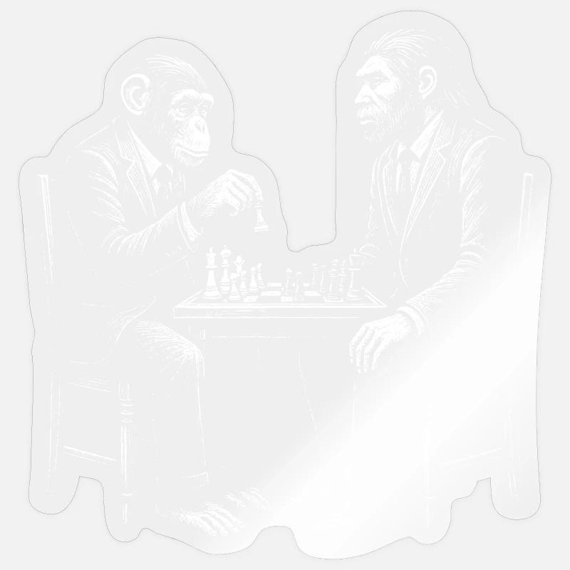 monkey plays chess with homo erectus. Funny design Sticker size S (10 x 10 cm)