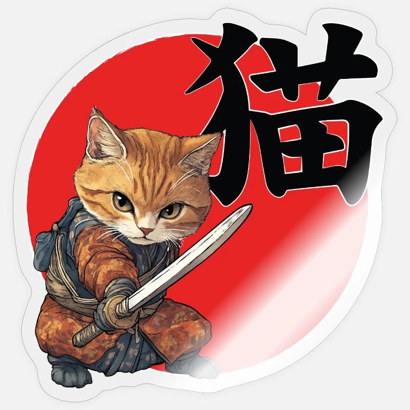 Feline Samurai Illustration Kanji - Sticker size S (10 x 10 cm) - transparent glossy