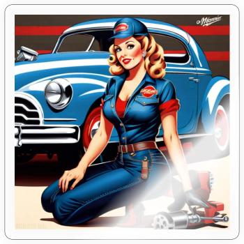 Pinup im Retrowagen Blau - Sticker Größe S (10 x 10 cm) - Transparent glänzend - Vorne