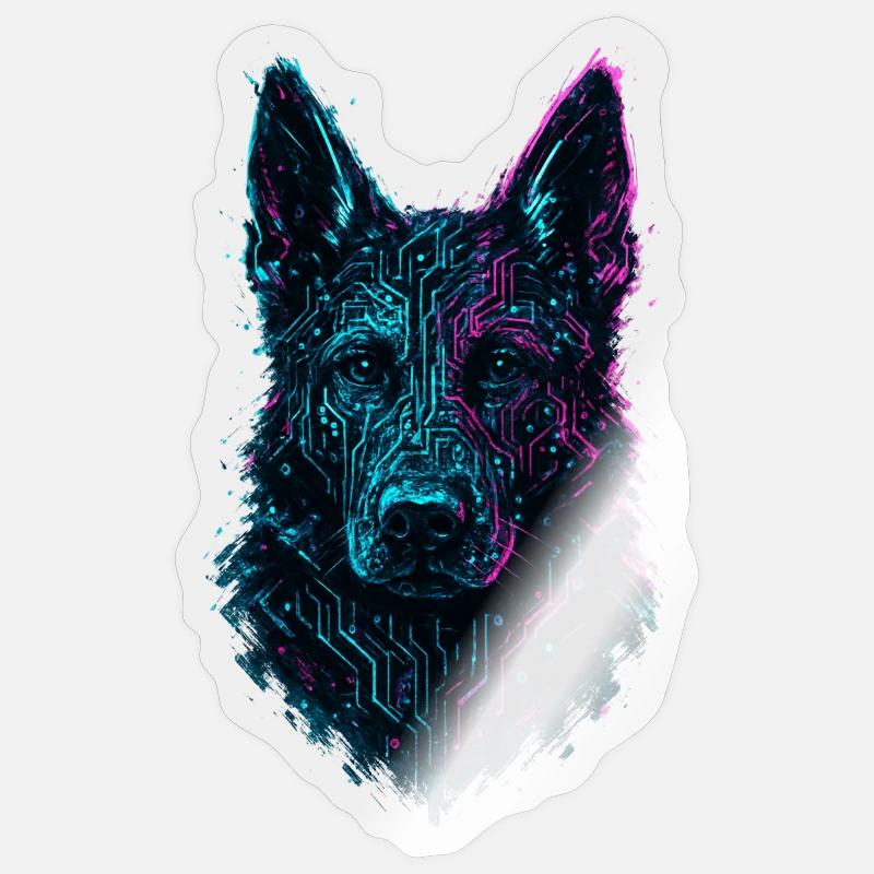 Deutscher Schäferhund Cyber Tech Neon Design Sticker Größe S (10 x 10 cm)