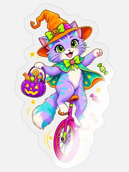 Halloween-Kätzchen auf Einrad - Sticker Größe S (10 x 10 cm) - Transparent glänzend