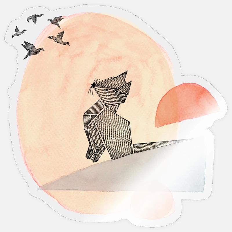 Illustration de l’origami du chat et des oiseaux - Sticker taille S (10 x 10 cm) - brillant transparent