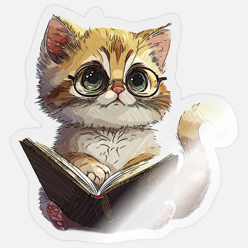 Reading Kitten with Glasses Cat Reading Cat - Sticker size S (10 x 10 cm) - transparent glossy