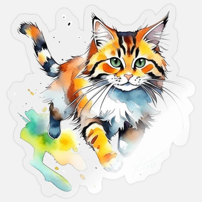 Chat aquarelle en look éclaboussure - Sticker taille S (10 x 10 cm) - brillant transparent