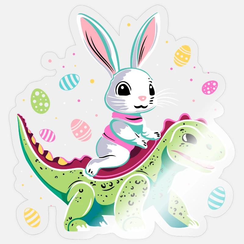 Easter Bunny Rides Dinosaur - Sticker size S (10 x 10 cm) - transparent glossy