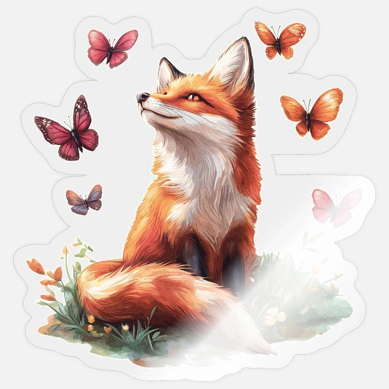 Renard avec des papillons - Sticker taille S (10 x 10 cm) - brillant transparent