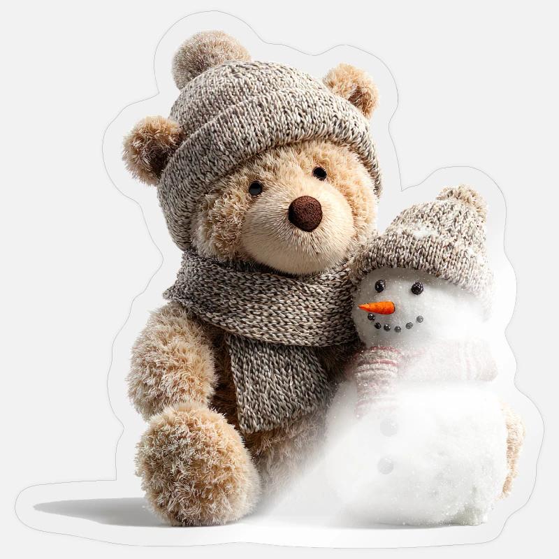 Winter Kuschelbär mit einem Schneemann - Sticker Größe S (10 x 10 cm) - Transparent glänzend