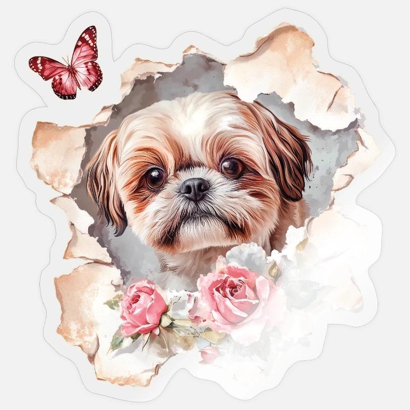 Shih Tzu avec Papillon - Sticker taille S (10 x 10 cm) - brillant transparent
