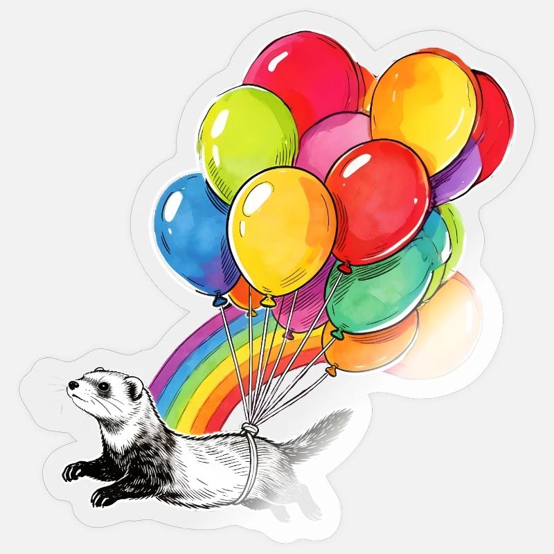 Ferret Balloons and Rainbow - Sticker size S (10 x 10 cm) - transparent glossy