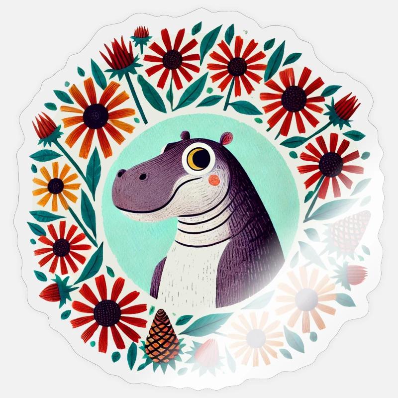 Dino im Blumenkreis - Sticker Größe S (10 x 10 cm) - Transparent glänzend