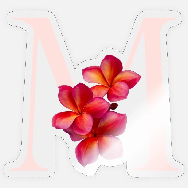 Monogramme M avec fleur rose - Sticker taille S (10 x 10 cm) - brillant transparent