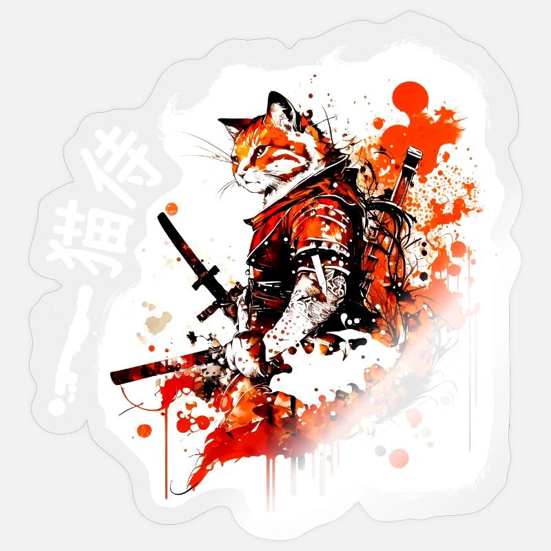 Samurai Katze in Rot Sticker Größe S (10 x 10 cm)