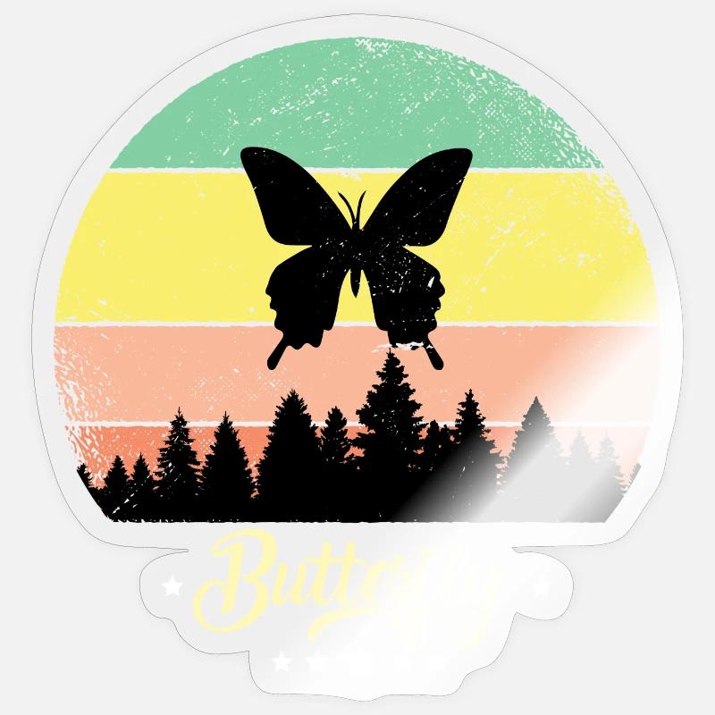 Papillon Vintage Rétro Animaux Coucher de soleil - Sticker taille S (10 x 10 cm) - brillant transparent