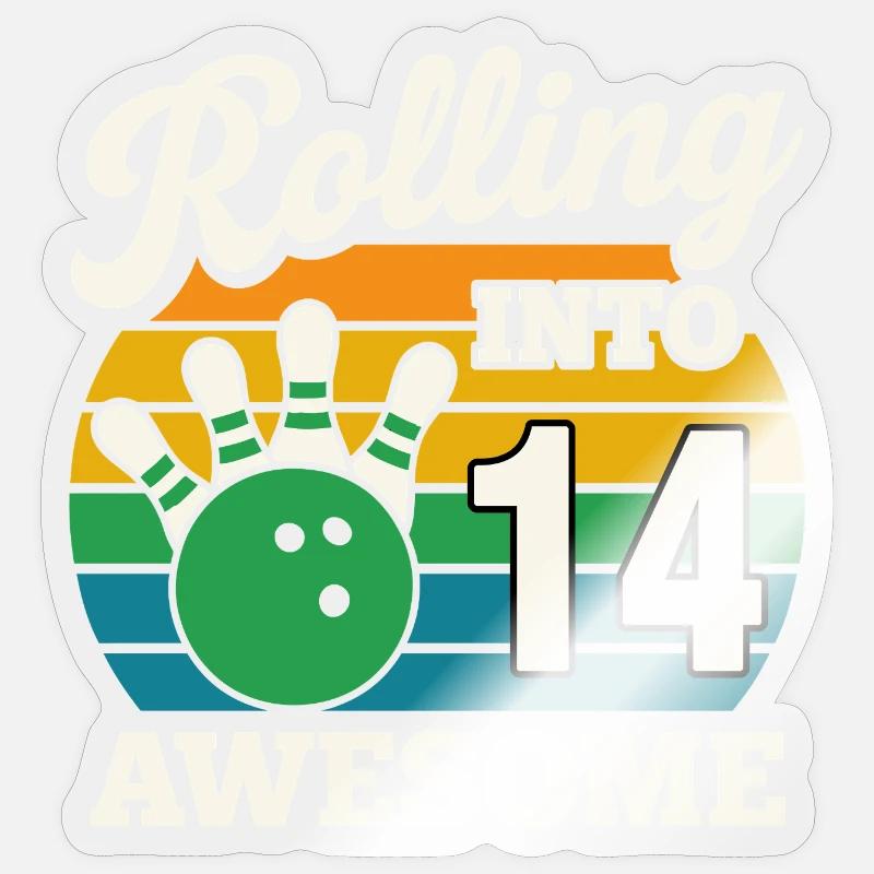Rétro Bowling 14e anniversaire Design - Sticker taille S (10 x 10 cm) - brillant transparent
