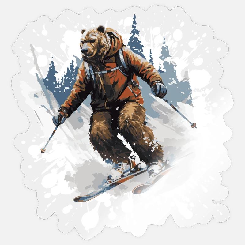 Bear Ski Skiing - Sticker taille S (10 x 10 cm) - brillant transparent