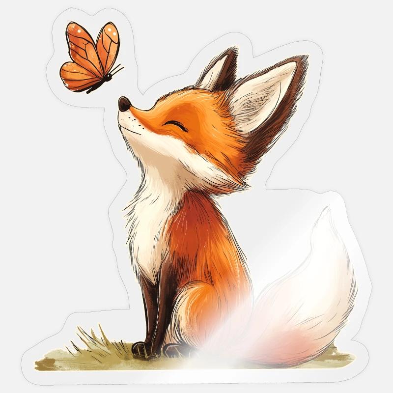 Renard avec papillon - Sticker taille S (10 x 10 cm) - brillant transparent