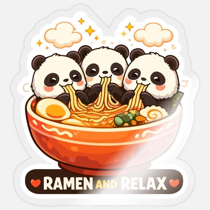 Panda Ramen & Relax Trio - Sticker taille S (10 x 10 cm) - brillant transparent