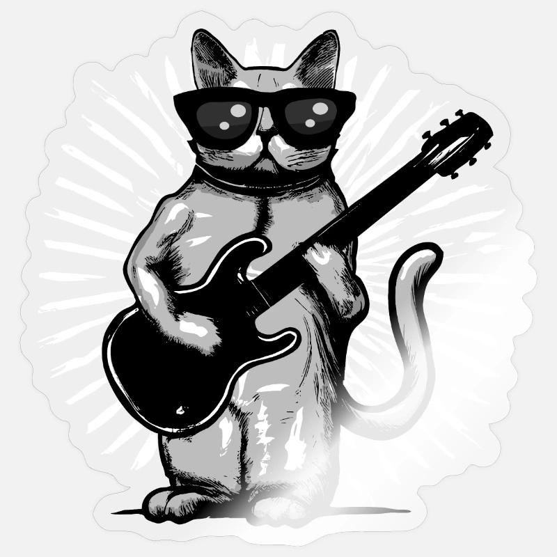 Chat Guitariste - Sticker taille S (10 x 10 cm) - brillant transparent