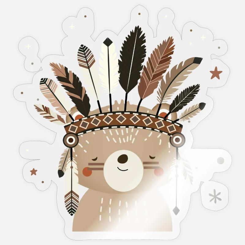 Ours mignon avec coiffe en plumes dans le style boho Sticker taille S (10 x 10 cm)