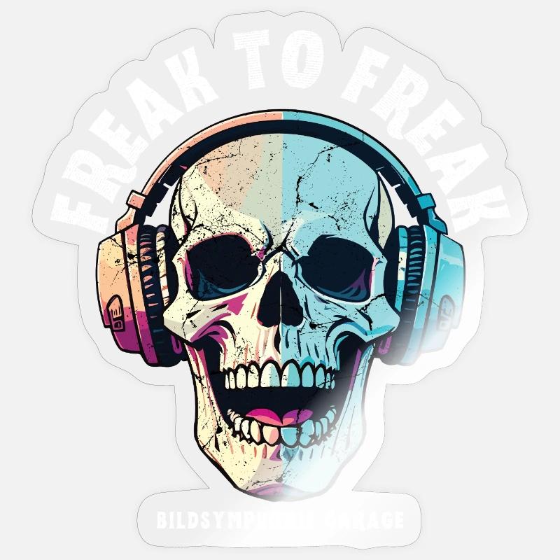 Skull mit Neon Kopfhörer-Design - Sticker Größe S (10 x 10 cm) - Transparent glänzend