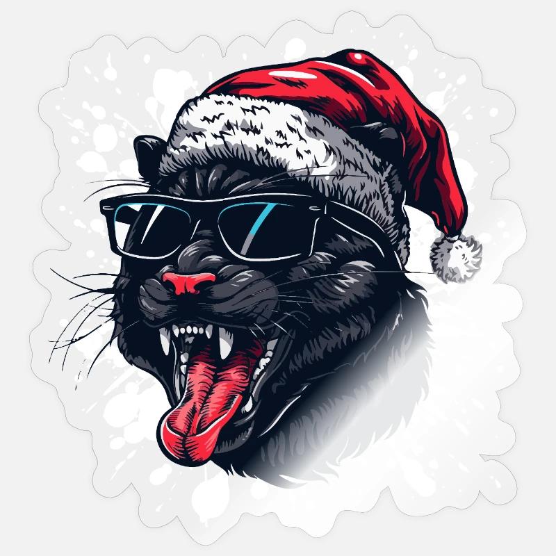 Panthère Noël Drôle - Sticker taille S (10 x 10 cm) - brillant transparent