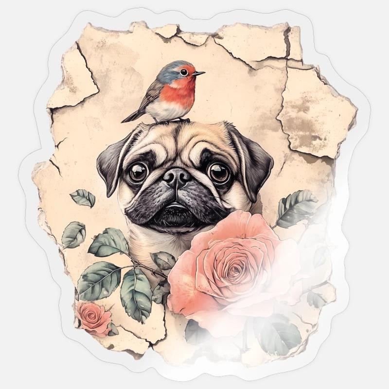 Mops mit Rotkehlchen Sticker Größe S (10 x 10 cm)