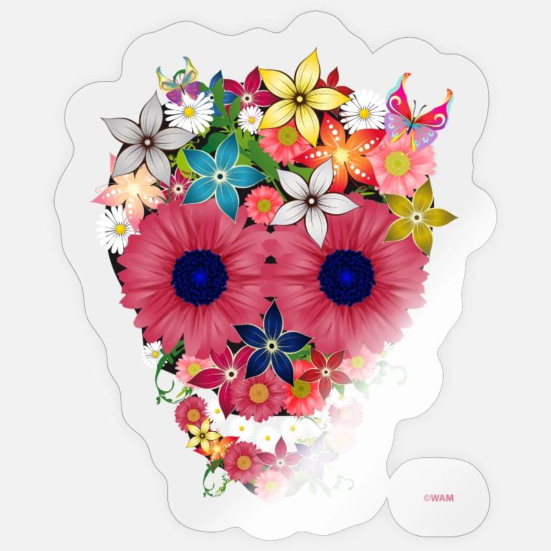 fleurs crâne par WAM - Sticker taille S (10 x 10 cm) - brillant transparent