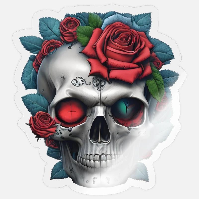 Crâne avec des roses - Sticker taille S (10 x 10 cm) - brillant transparent
