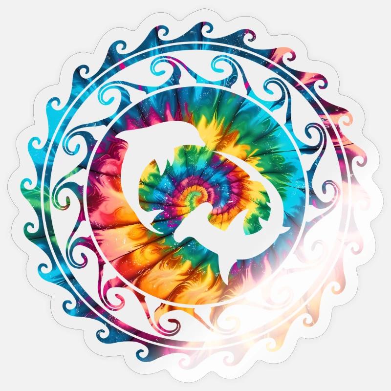 Requin-marteau et dauphin Tie Dye - Sticker taille S (10 x 10 cm) - brillant transparent
