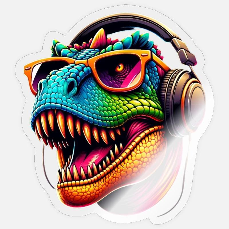 Dino DJ Style - Sticker taille S (10 x 10 cm) - brillant transparent