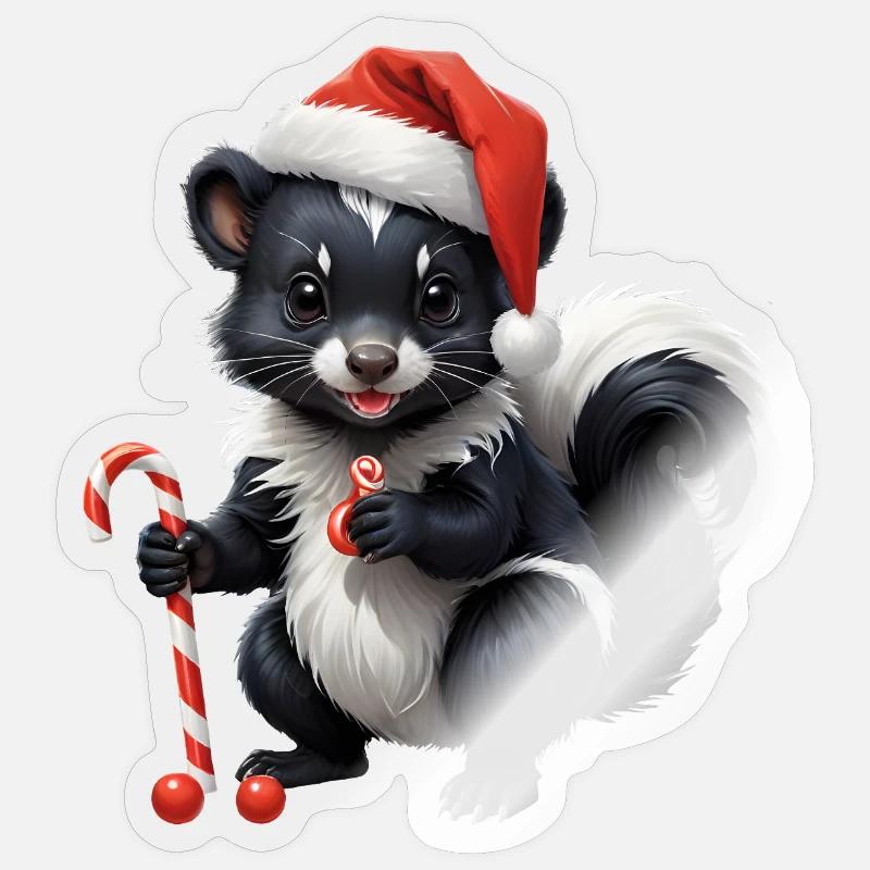 Moufette de Noël sucrée avec canne Sticker taille S (10 x 10 cm)