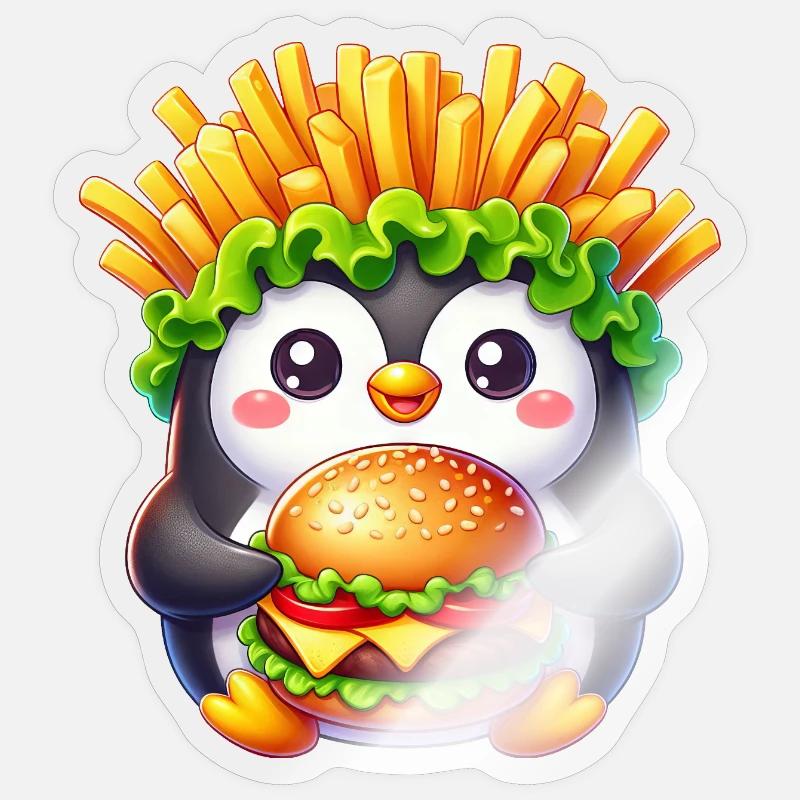 pingouin mignon avec burger frites design de restauration rapide - Sticker taille S (10 x 10 cm) - brillant transparent