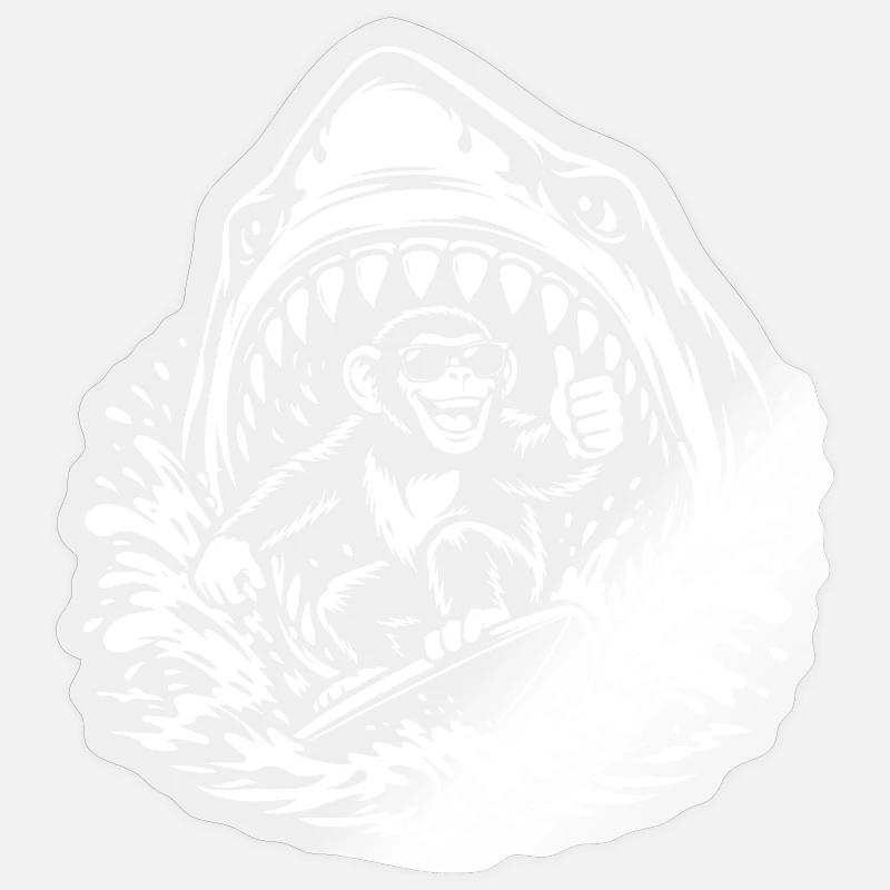 Singe Surfeur dans Shark Wave - Sticker taille S (10 x 10 cm) - brillant transparent