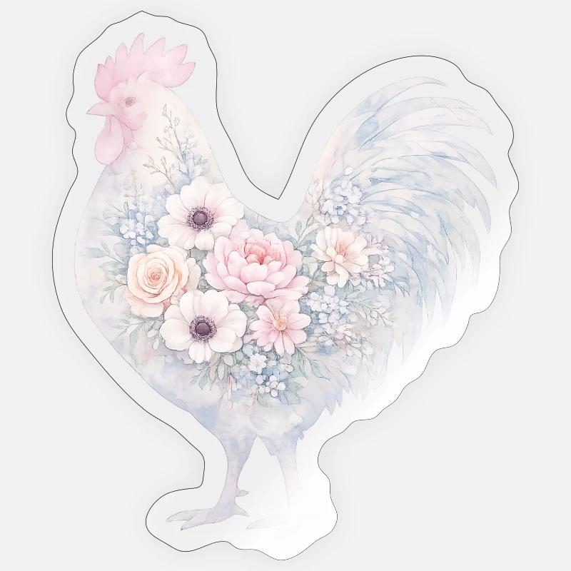 Hahn Blumen Aquarell - Sticker Größe S (10 x 10 cm) - Transparent glänzend