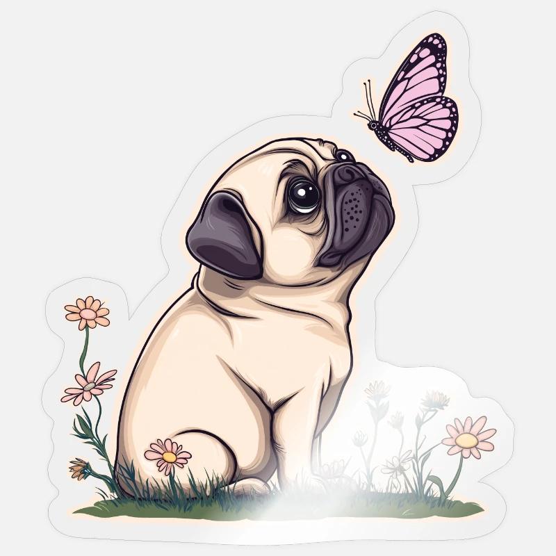 Carlin avec papillon - Sticker taille S (10 x 10 cm) - brillant transparent