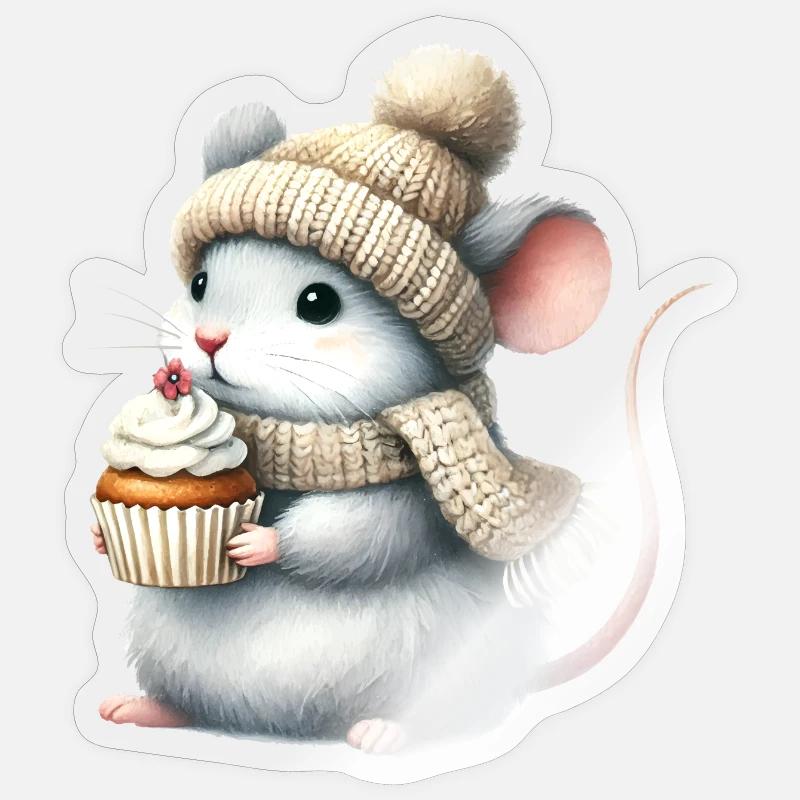 Cute mouse with a knitted hat and cupcake Sticker size S (10 x 10 cm)