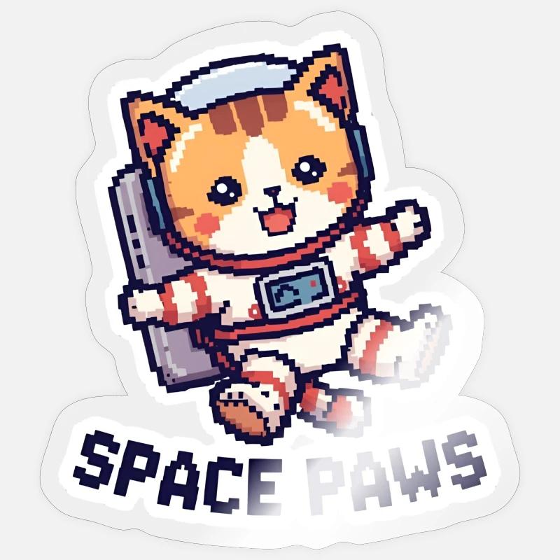 Space Paws – Chat pixel dans l’espace - Sticker taille S (10 x 10 cm) - brillant transparent
