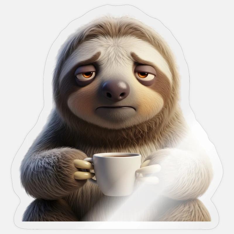 Funny tired sloth with coffee - Sticker size S (10 x 10 cm) - transparent glossy