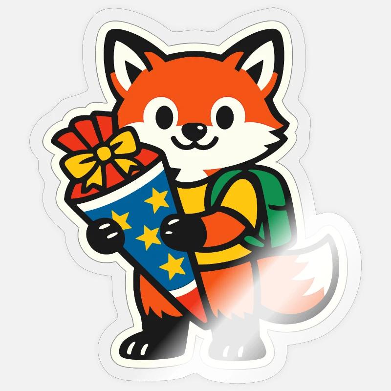 Fuchs mit Geschenk und Rucksack Einschulung Sticker Größe S (10 x 10 cm)