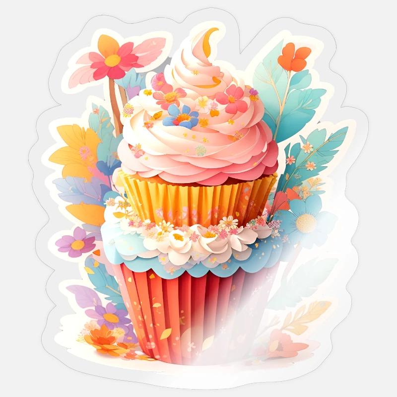 Cupcake aux fleurs - Sticker taille S (10 x 10 cm) - brillant transparent