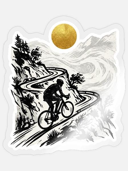 Radfahrer Bergpass Holzschnitt Goldsonne - Sticker Größe S (10 x 10 cm) - Transparent glänzend