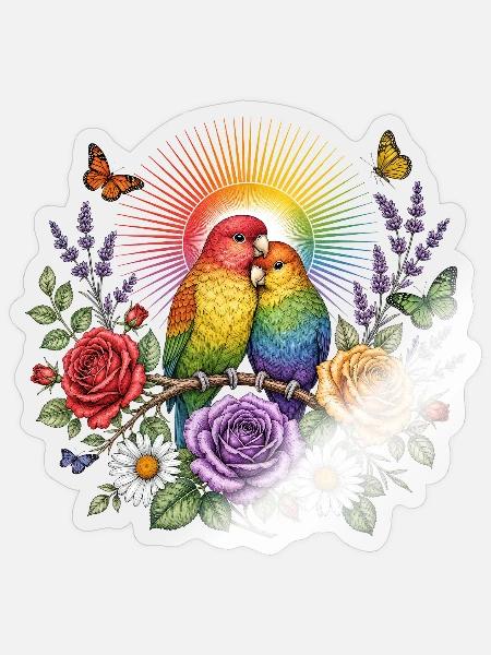 Regenbogen Papageien Blumen Vintage T-Shirt Vögel - Sticker Größe S (10 x 10 cm) - Transparent glänzend